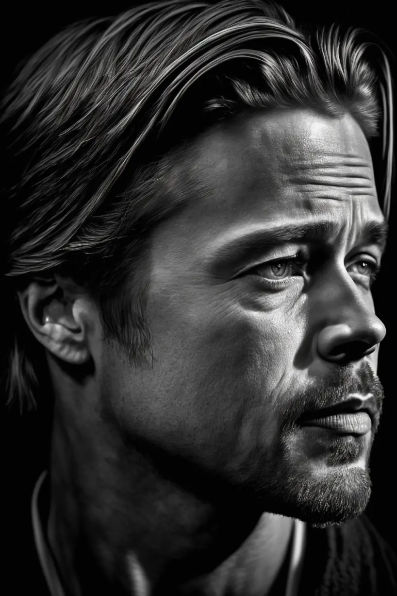 brad pitt, black and white portrait photography, 3 quarter lighting, depth of field, f2.8, 50mm lens, exquisite detail, intricately-detailed, award-winning photography, high-contrast, High-sharpness